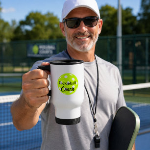 Mug De Voyage Conception de texte de coach de pickleball jaune d
