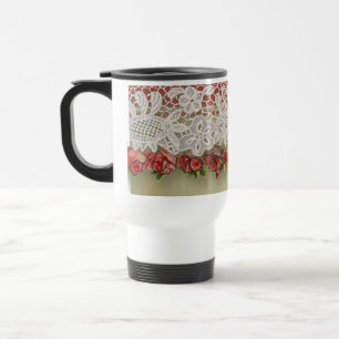 Mug De Voyage Dentelle Rose Antique Rouge Rustique Burlap Victor