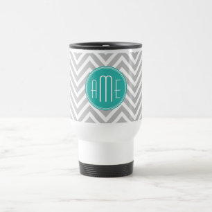 Mug De Voyage Élégant Chevron Gris Moderne et Monogramme Menthe