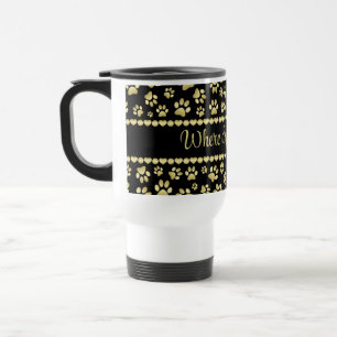 Mug De Voyage Empreintes de patte dorées sur fond noir avec nom