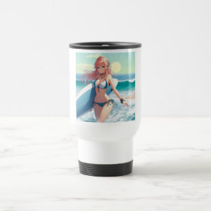 Mug De Voyage Fille de surfeur anime côtière/nautique/tropicale