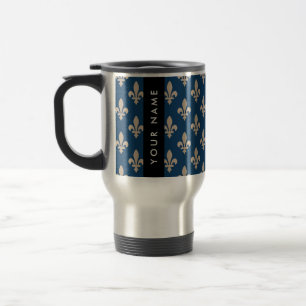 Mug De Voyage Fleur de Lis, Beige sur Bleu Nuit, Royal, Votre No
