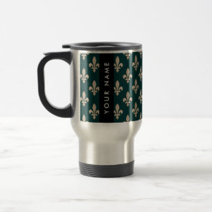 Mug De Voyage Fleur de Lis, Beige sur Vert, Royale, Votre Nom