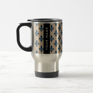 Mug De Voyage Fleur de Lis, Bleu Marine sur Beige, Royal, Votre