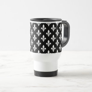 Mug De Voyage Fleur de Lis Motif, Royal French, Blanc sur Noir