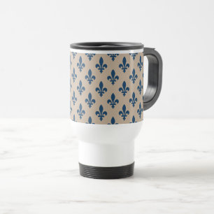 Mug De Voyage Fleur de Lis Motif, Royal French Blue sur Crème