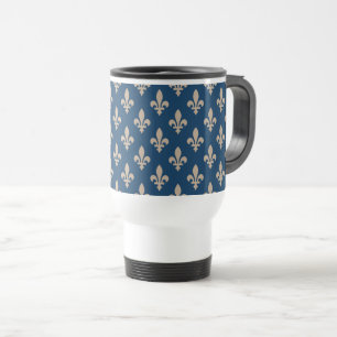 Mug De Voyage Fleur de Lis Motif, Royal French, Crème sur Blue