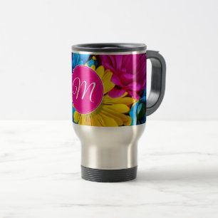 Mug De Voyage Fleurs de monogrammes aux couleurs fluorescentes