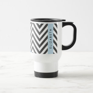 Mug De Voyage Grey Zigzag, Grey Chevron, Bleu, Votre Nom