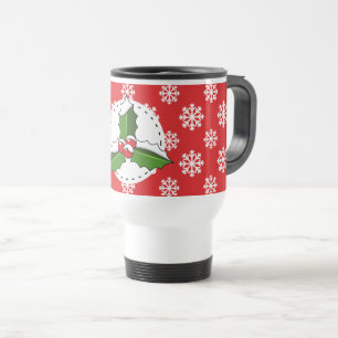 Mug De Voyage Holly Berry on Red White Snowflakes