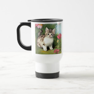 Mug De Voyage Illustration vintage de chat avec Fleurs rouges