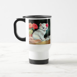 Mug De Voyage Illustration vintage de Kitten blanc avec fleurs r