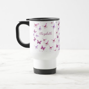 Mug De Voyage Jolis Papillons Roses Nom Personnalisé