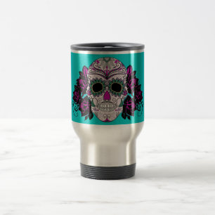 Mug De Voyage Jour du crâne mort de sucre avec des roses