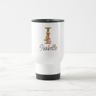 Mug De Voyage Lettre de nom personnalisée I Roses roses blush fe