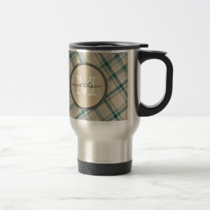 Mug De Voyage Monogramme crème vert d'arrière - plan de plaid