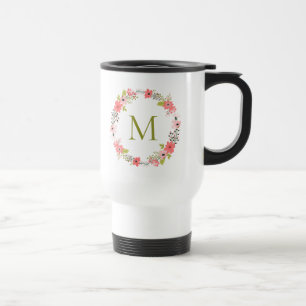 Mug De Voyage Monogramme de couronne florale lunaire