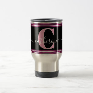 Mug De Voyage Monogramme de nom minimaliste élégant noir blanc r