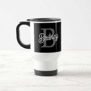Mug De Voyage Monogramme moderne élégant Nom noir Gris noir Scri
