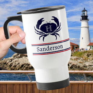 Mug De Voyage Monogramme Rouge Blanc Marine Bleu Crabe Nautique