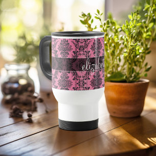 Mug De Voyage Motif de Damas Vintage rose et noir avec Monogramm
