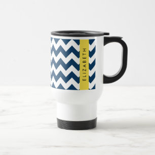 Mug De Voyage Navy Blue Zigzag, Navy Blue Chevron, Votre nom