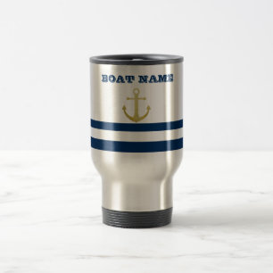 Mug De Voyage Nom de bateau nautique, Bandes bleu marine Ancre d