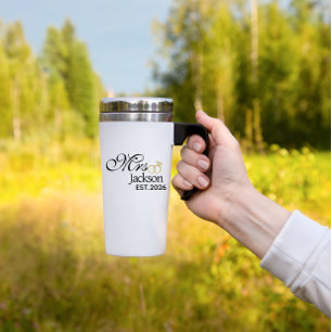Mug De Voyage Nom de la mariée moderne Bague de mariage Date Tex