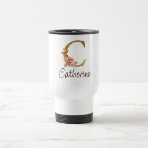 Mug De Voyage Nom personnalisé Blush Rose Fleur Lettre C en Or