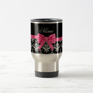 Mug De Voyage Nom personnalisé noir blanc damassé rose parties