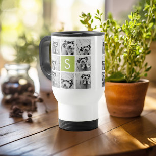 Mug De Voyage Photo Collage personnalisé Monogramme - Vert chaux