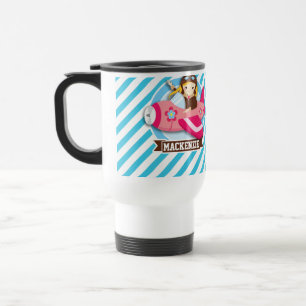 Mug De Voyage Pilote fille en avion rose; Bleu et Blancs