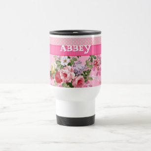 Mug De Voyage Pois floral vintage de monogramme rose à la mode