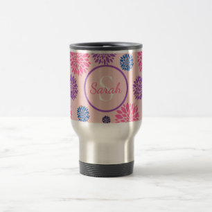 Mug De Voyage Rose Violet Bleu Floral Personnalisé