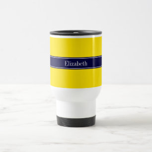 Mug De Voyage Solid Yellow, Navy Blue Ribbon Monogram