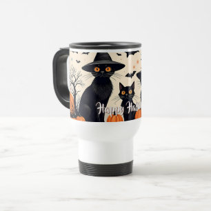 Mug De Voyage Trois chats noirs avec des chapeaux à Halloween