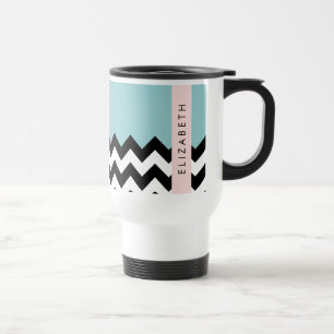 Mug De Voyage Zigzag noir et blanc, Chevron, Bleu, Votre nom