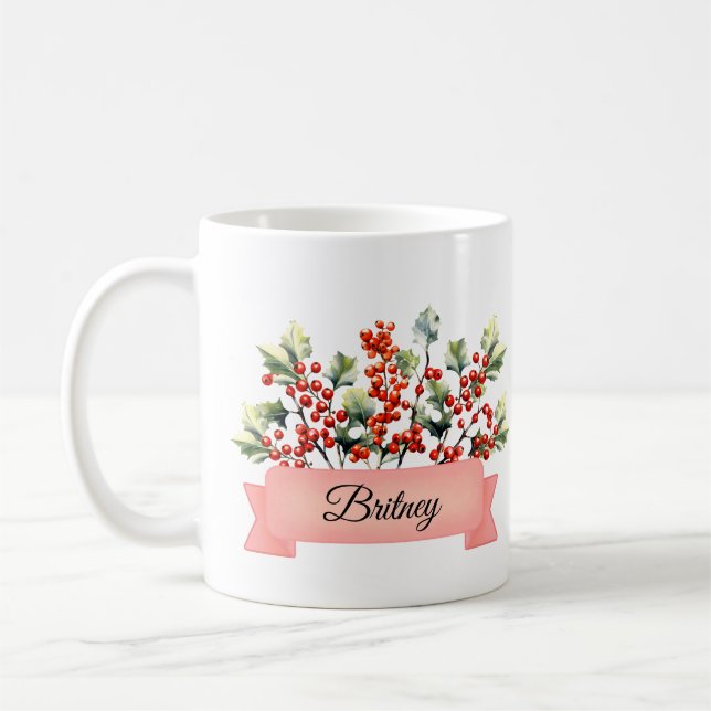 Mug Décembre Fleur Holly de naissance personnalisée (Gauche)