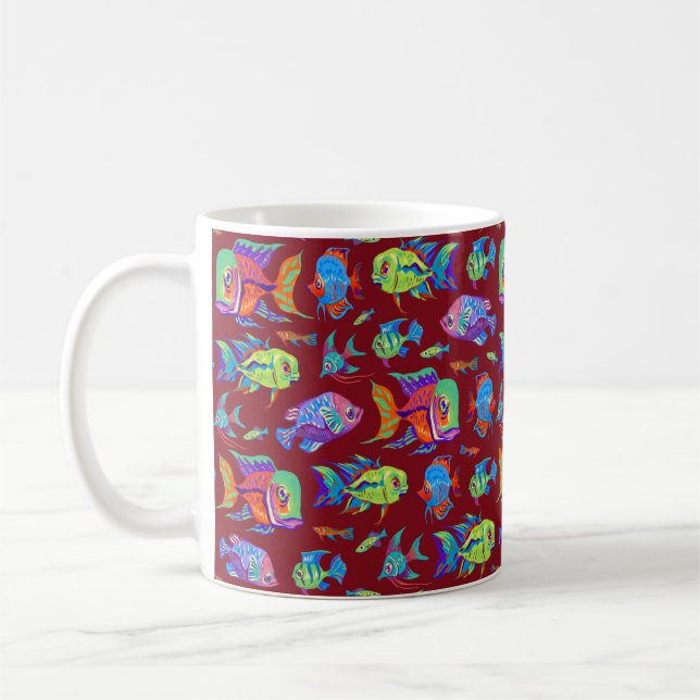 Mug Des poissons tropicaux amusants sur le rouge foncé (Gauche)
