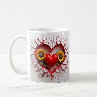 Mug Design Coeur Rouge Avec Fleurs De Soleil Jaunes Et