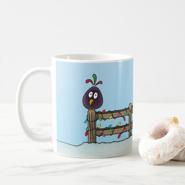 Mug Dessin d'oiseau Joyeuses Fêtes sur la clôture (Avec donut)