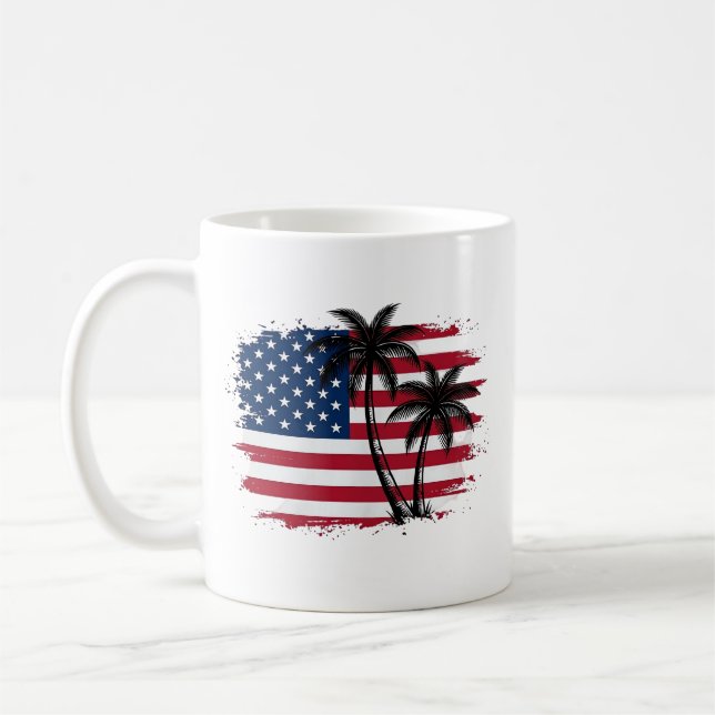 Mug Dessin vectoriel de plage patriotique avec palmier (Gauche)