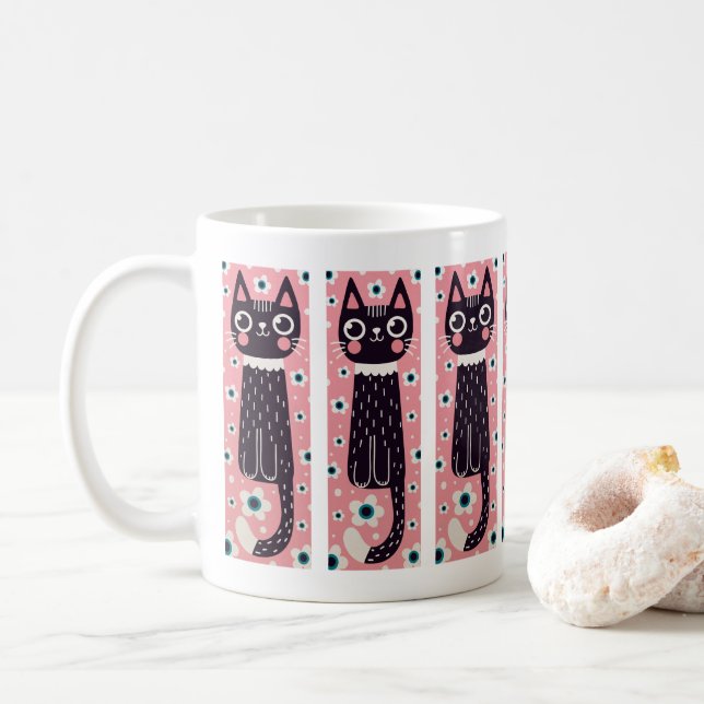 Mug Dessin Whimsical Quirky Doodé noir Chat (Avec donut)