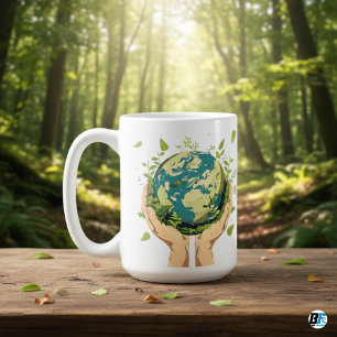 Mug Deux Mains Tenant La Terre Couverte De Verdure