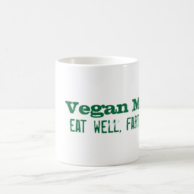 Mug Devise végétalienne : mangez bien, pet souvent (Centre)