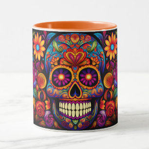 Mug Dia de los Muertos Ajouter Nom Crâne Orange Intéri