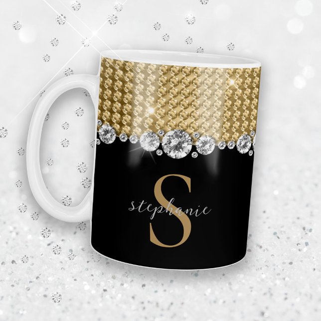 Mug Diamants Or noir élégant Monogramme brillant Perso (Diamonds Gold Black Elegant Shiny Monogram Custom Coffee Mug)