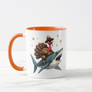 Mug Dinde chevauchant un requin drôle de Thanksgiving