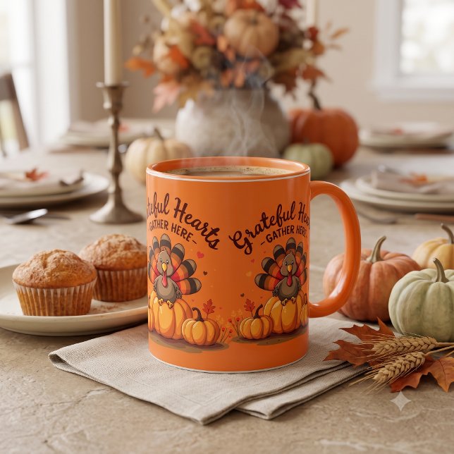 Mug Dinde de Thanksgiving à cœur reconnaissant Orange (Grateful Hearts Thanksgiving Turkey Orange Mug)