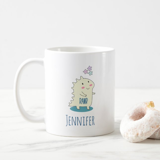 Mug Dino Jaune mignon avec des étoiles joyeuses (Avec donut)